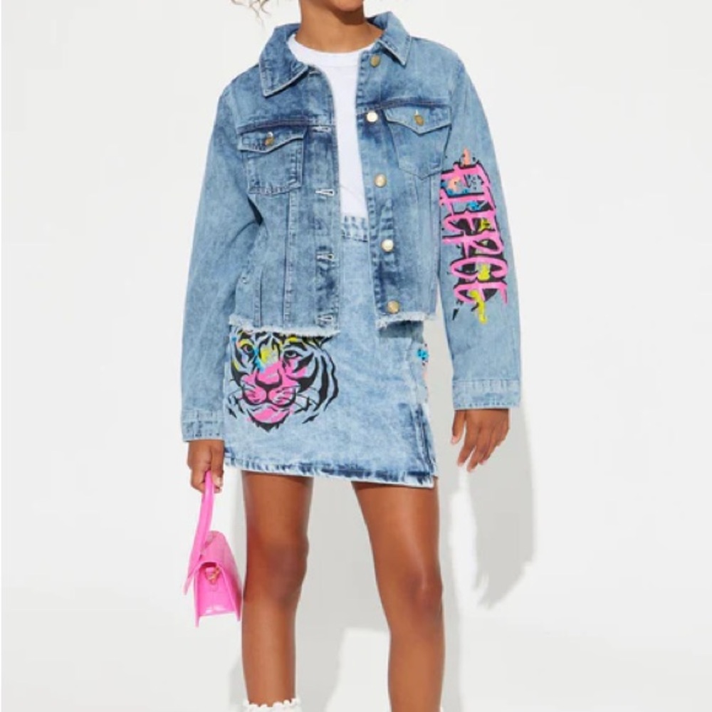 Fashion Nova Kids Blue Jean Jacket with Colorful Sleeve Design
